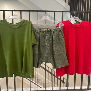 Set of XS We The Free Linen Cotton Red Green T-shirts and Matching Shorts